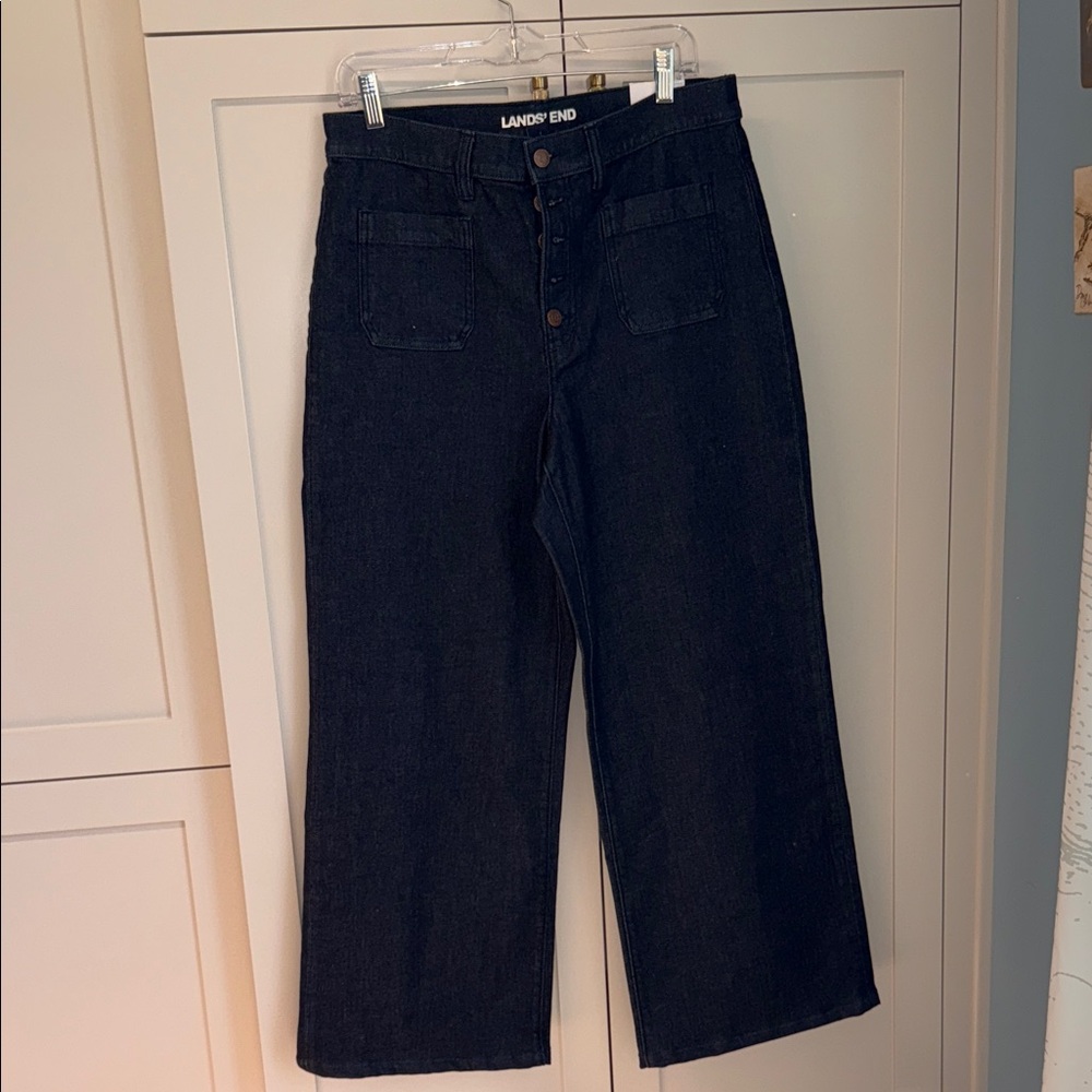 Lands' End Women's Dark Blue Wide Leg Jeans with button fly and patch pockets